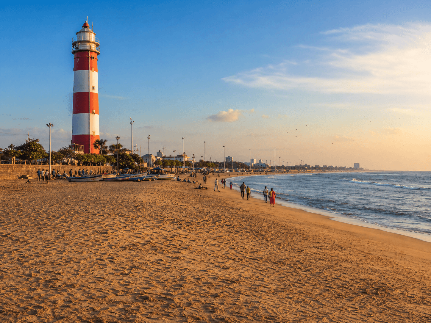 Marina Beach and its red-and-white lighthouse in Chennai