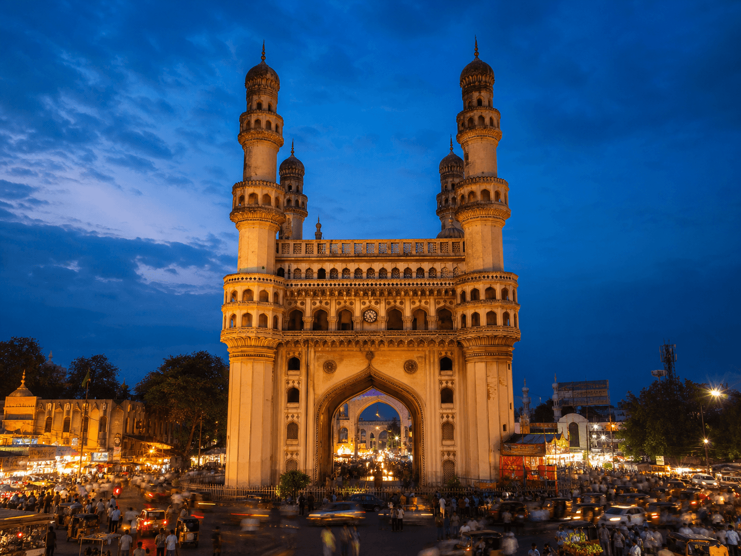 Charminar illuminated at blue hour in Hyderabad