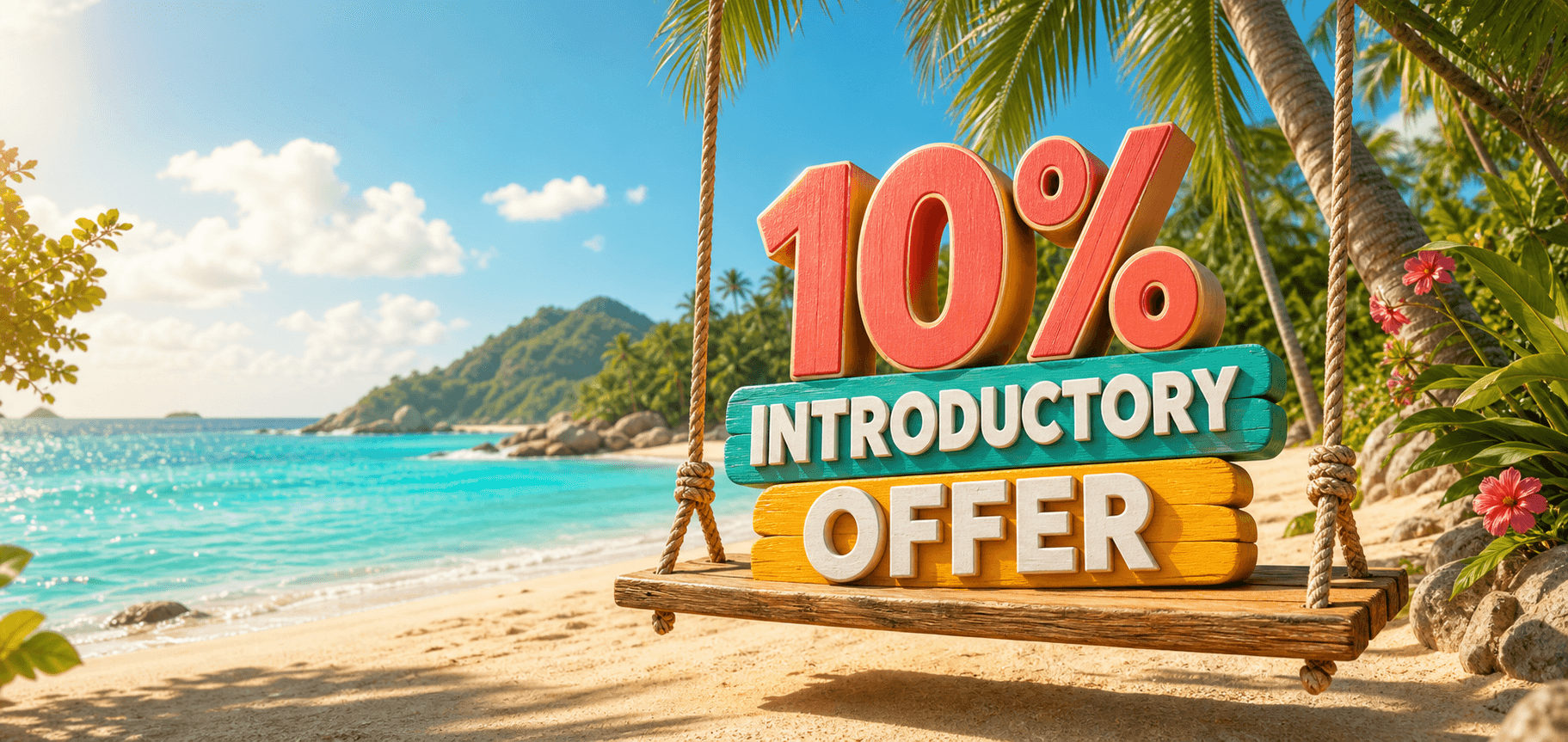 10% introductory offer displayed on a swing beside a colorful tropical beach